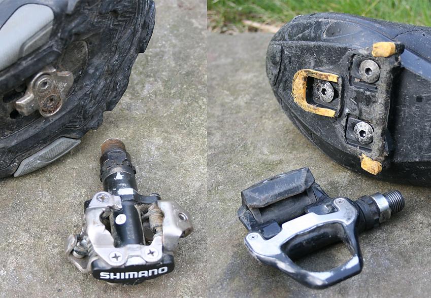 Two bolt recessed (left) and three bolt non-recessed (right) cleats and pedals