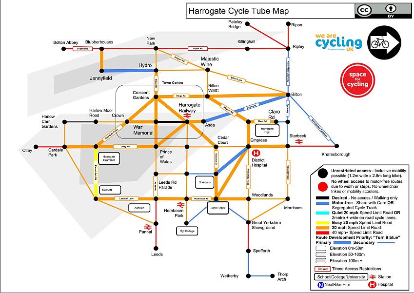 An illustration of a Tube map style map of the cycling network in Harrogate