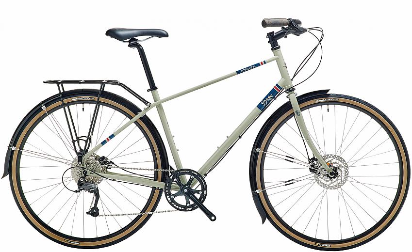 The Genesis Borough hybrid bike with flat handle bar, rear rack and thinner tyres. It's cream and much less chunky than the 