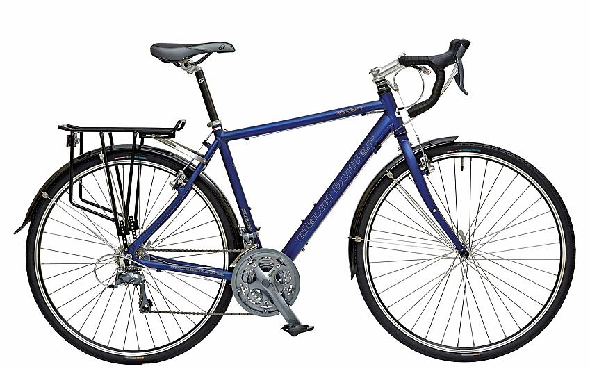 Claud Butler Regent touring bike. It's dark blue, with a rear rack and drop handlebar