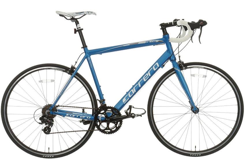 The Carrera Zelos, a light blue road bike with white bar tape and saddle