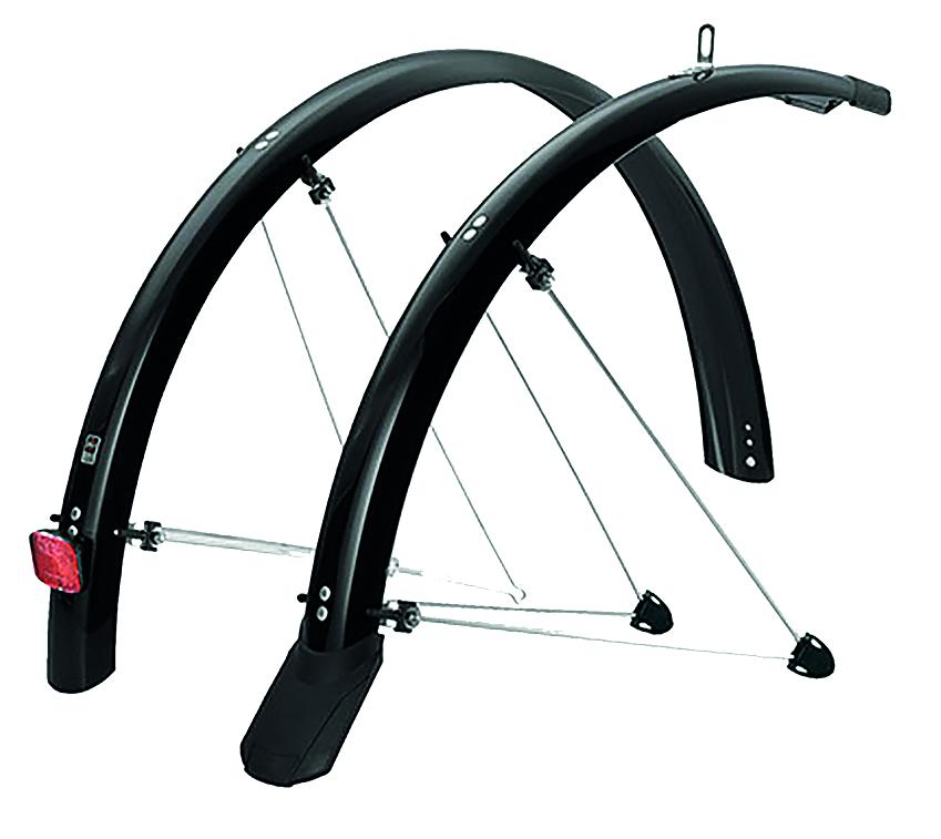 A pair of black mudguards, one with a red rear reflector and one with a rubber mudflap