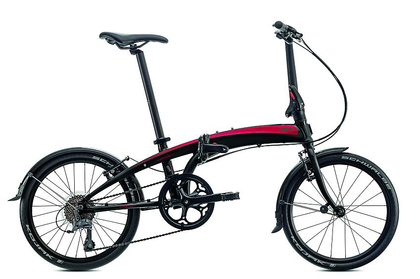 Tern Verge N8 folding bike in black with a bright pink flash on the top tube