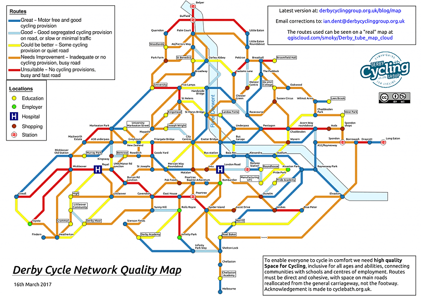An illustration of a Tube map style map of the cycling network in Derby