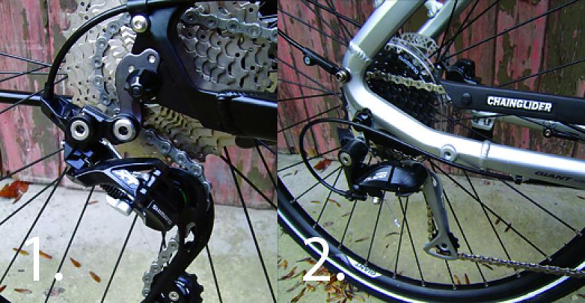 A composite image showing the rear derailleur and cassette of the Cube (left) and the Giant (right)