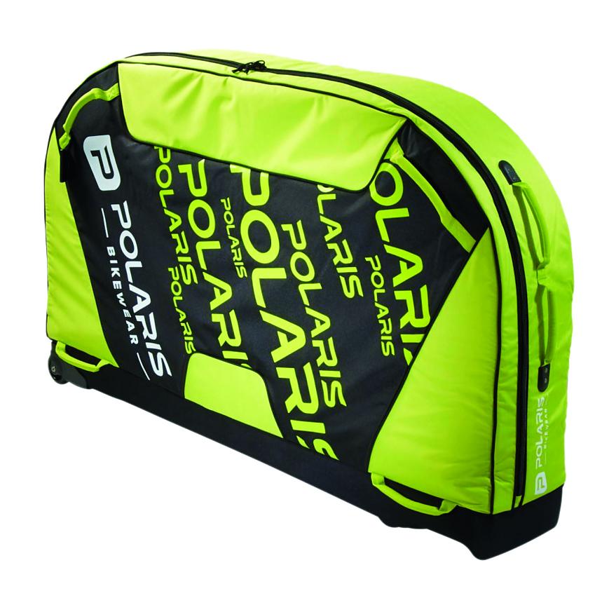 Polaris Axial Pod bike bag is a soft, padded bag. It's luminous yellow and black and has the company's logo printed all over it