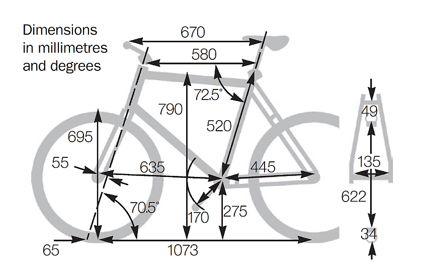Illustration showing the measurements and dimensions of the Revolution Country 1 touring bike