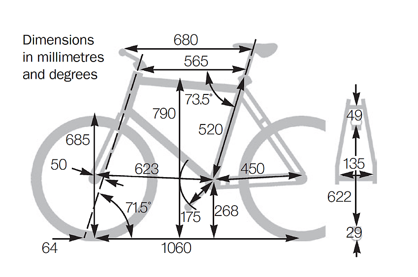 Illustration showing the measurements and dimensions of the Ridgeback Tour touring bike
