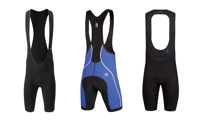 Three pairs of men's bib shorts. From the left, the howies pair is front on and all black, the Endura pair is from the back and in blue and black with some white highlights, and the Rapha pair is front on and all black again