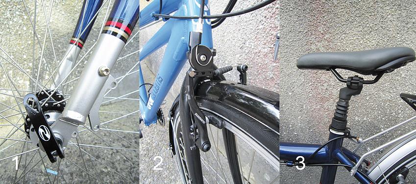 A composite image showing 1 the front fork and hub of the Dawes; 2 the front brake of the Orbit; and 3 the saddle and seatpost of the Dawes