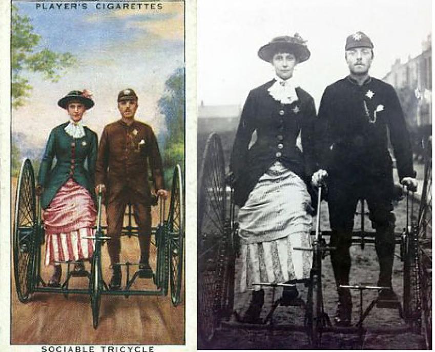 Left - cigarette card featuring W. D. Welford and Jeanie Welford on sociable tricycle; Right - photo of W. D. Welford and Jeanie Welford on sociable tricycle 