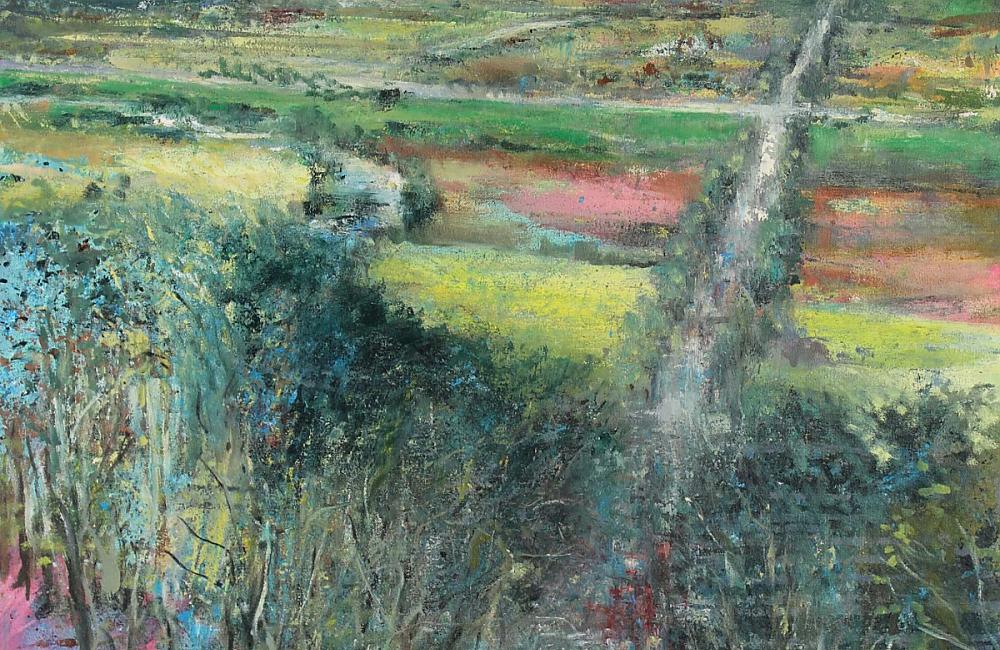Fosse Way, an oil on canvas impressionistic landscape painting by David Hugh Lockett