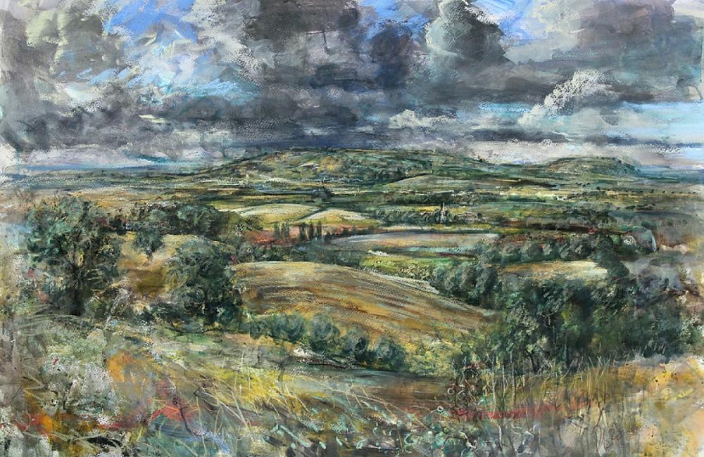Towards Ilmington, a mixed media impressionistic landscape painting by David Hugh Lockett