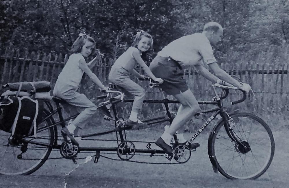 Jack with Susan and Carolyn on their tandem, 1961