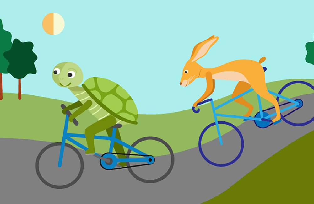 Illustration of a hare and a tortoise cycling